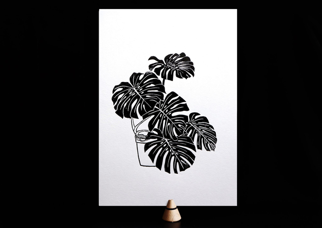 Linogravure A4 Monstera Deliciosa / Philodendron