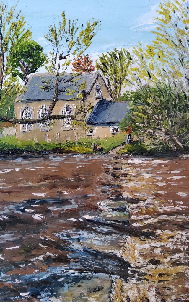 Lealholm stepping stones, original oil painting on 30.5x30.5 cm wooden canvas.