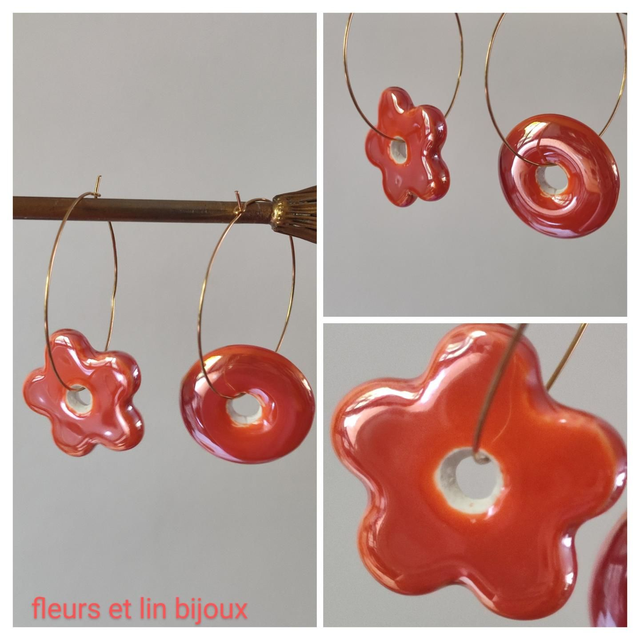 Créoles orange 🍊 fleur et cercle en céramique, acier inoxydable doré -sans nickel, pièce unique 