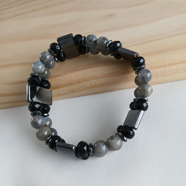 Heren armband Labradorietkwarts, Onyx en Hematiet - elastisch 19 cm (2.056)
