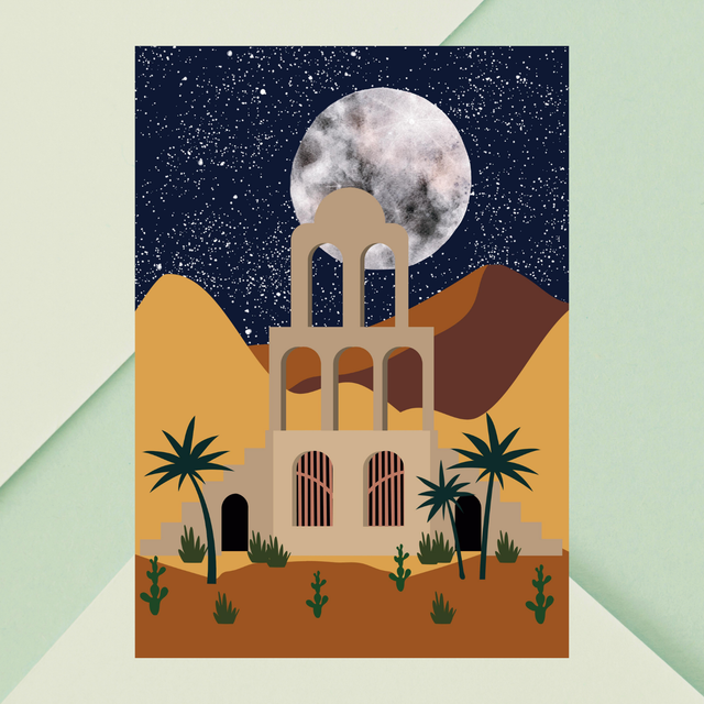 Impression d'Oasis du Désert à la Lumière de la Lune - Décoration Scénique Nocturne /Moonlit Desert Oasis Art Print – Nighttime Scenic Wall Decor 