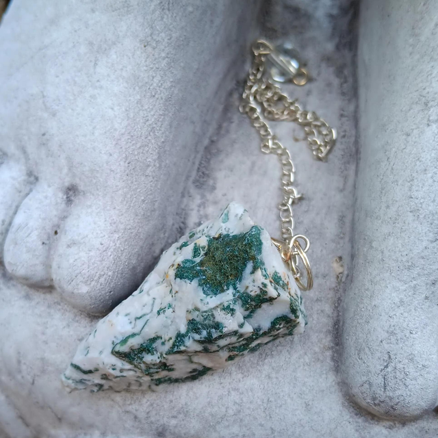 Tree Agate Raw Crystal Pendulum With A Silver Chain