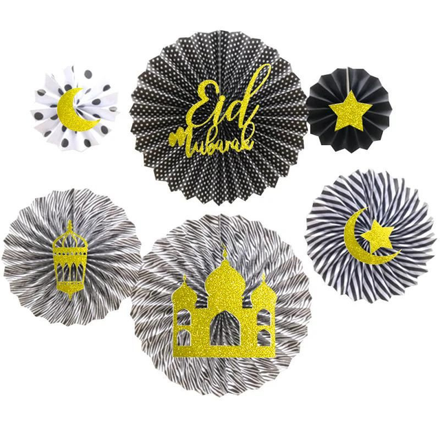 Eid Paper fans - Black &amp; White - 6 pcs