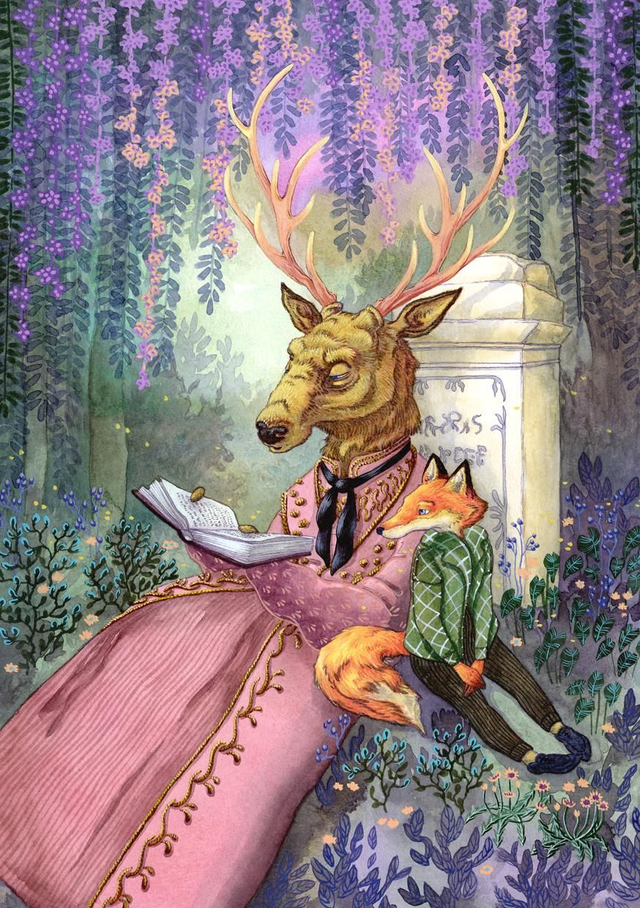 0002 Cerf et renard en pause lecture Original A3