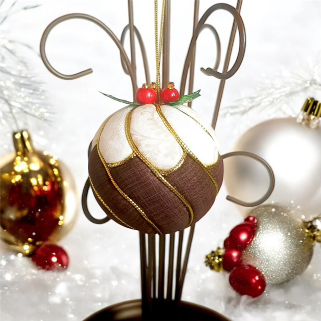 Christmas Pudding Ornament in Cream and Brown cotton fabric
