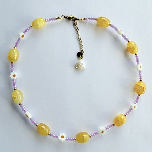 MARGOT - Yellow & Lilac Daisy Beaded Choker Style Necklace