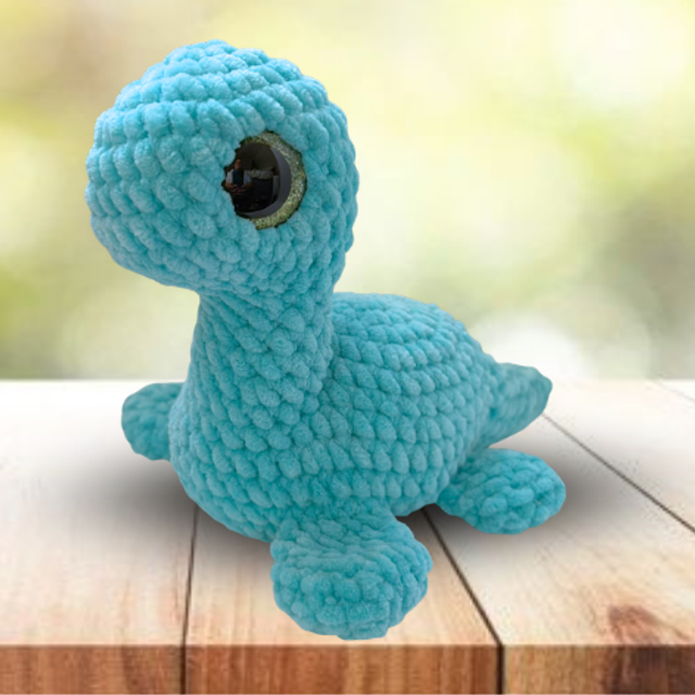 Crochet Plush Chenille Nessie, Turquoise, Glitter Eyes, Ukca tested