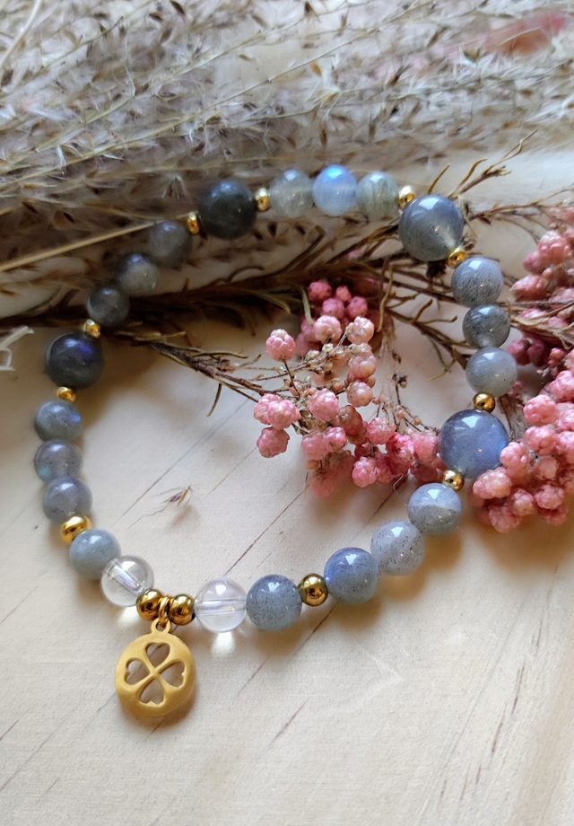 Bracelet "Protection, équilibre corps et esprit" Labradorite et Quartz Aura