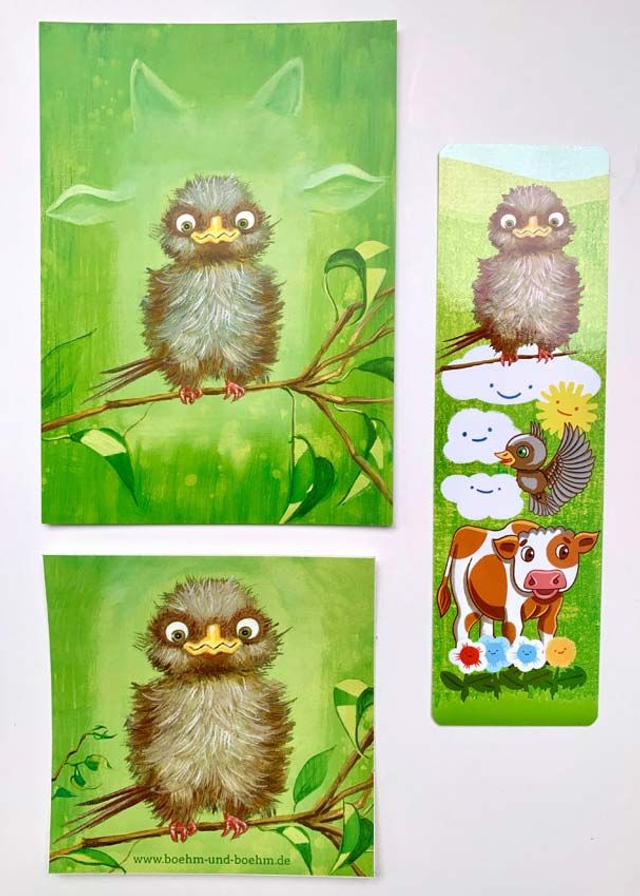 Bundle "Kleiner Spatz": Postkarte, Aufkleber, Lesezeichen / "Little Sparrow": Postcard, Sticker & Bookmark