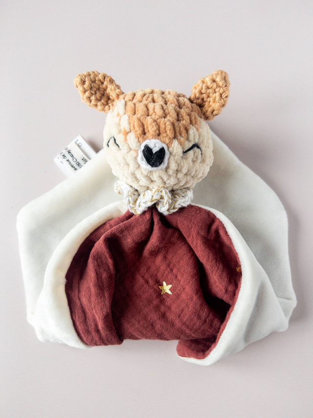 Doudou faon tissu BORDEAU / collerette PHOSPHO