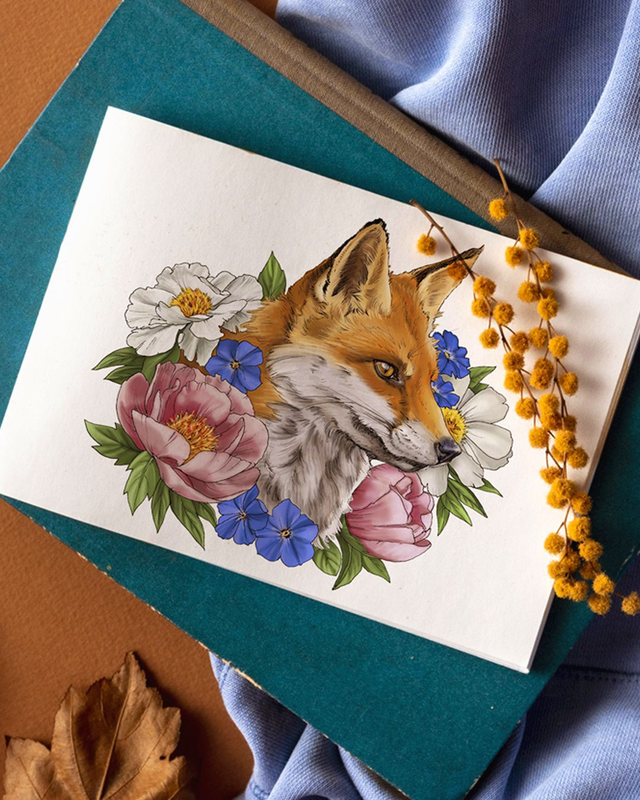 Fox &amp; Flowers Print - After an original illustration made with ink and digitally coloured