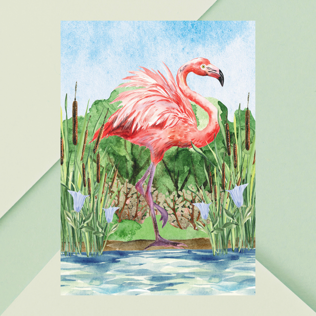 Impression Flamant Rose Debout près de l'Eau - Décoration Murale Exotique / Standing Flamingo Near Water Art Print - Exotic Wall Decor