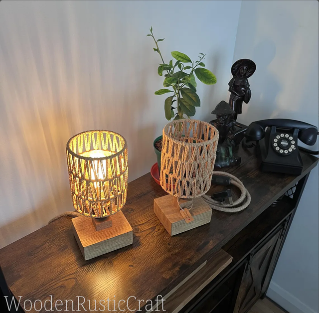 Pair of Handmade Solid Oak Bedside Lamps