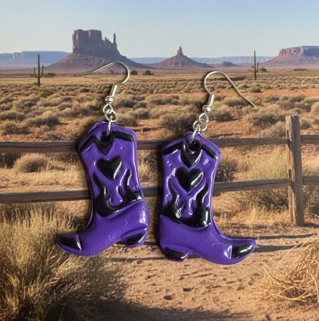 Purple and Black Polymer Clay Cowboy Boot Earrings