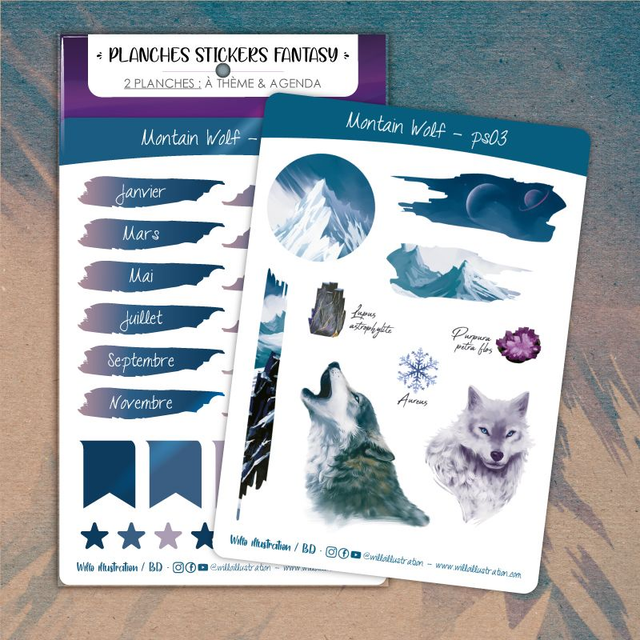 Planche stickers : agenda - thème loup
