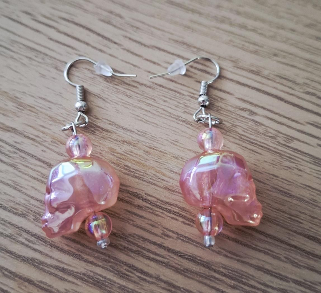 Pink Iridescent Skull Drop Earrings