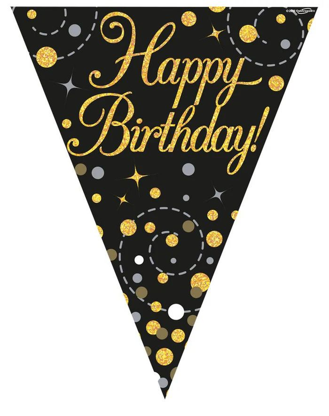 BUNTING: SPARKLING FIZZ BIRTHDAY BLACK & GOLD HOLOGRAPHIC BUNTING