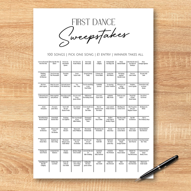 First dance sweepstakes printed on cartridge paper and rolled for posting - guests choose from 100 songs to guess your first dance! Winner takes all!