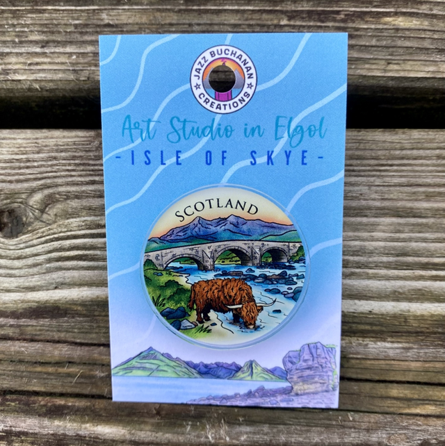 Acrylic pin badge - Sligachan bridge Highland cow