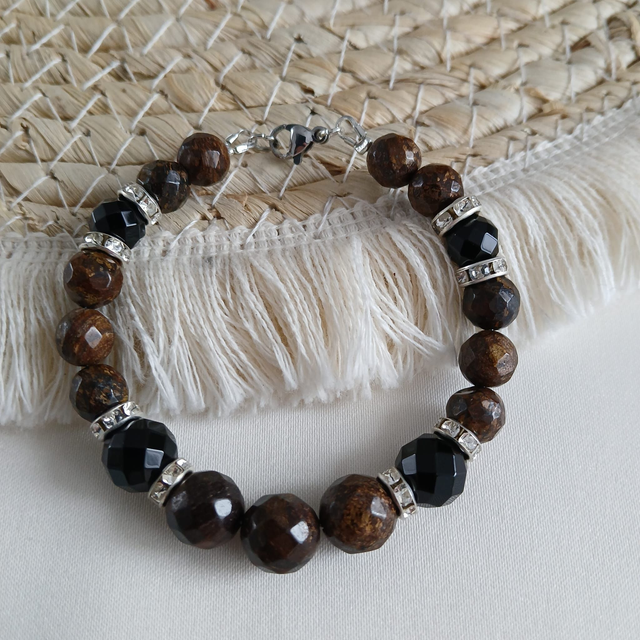 Dames armband Bronzien en Onyx - rvs spacers (1.314-2)
