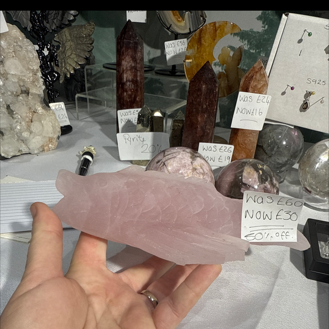 Hand carved rose quartz koi carp