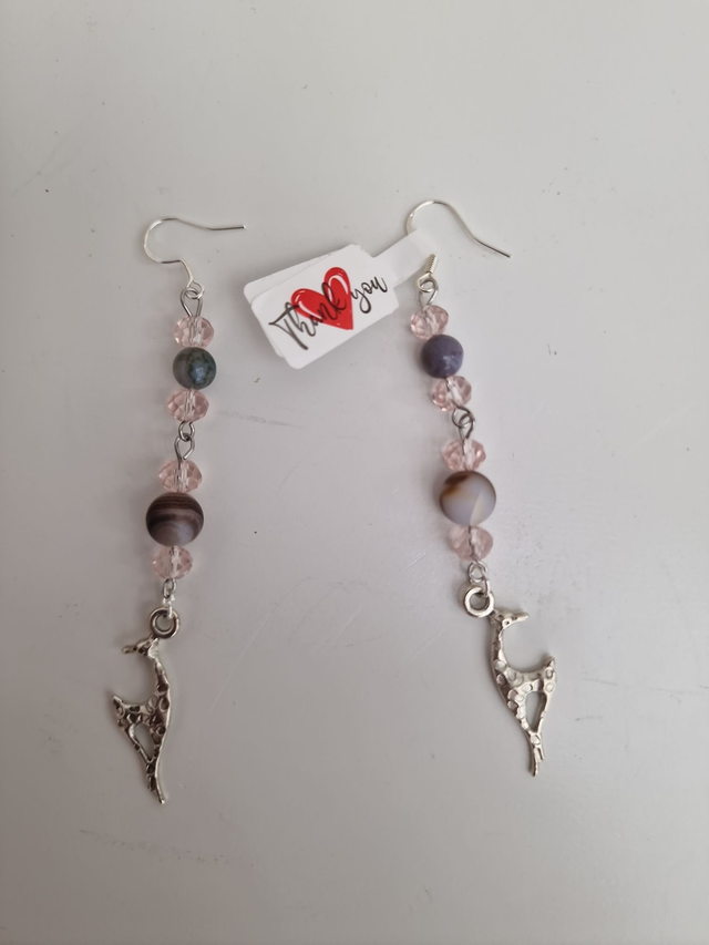 Boucles D'oreilles Girafes Acier Argenté Perles Agate Indienne Aventurine