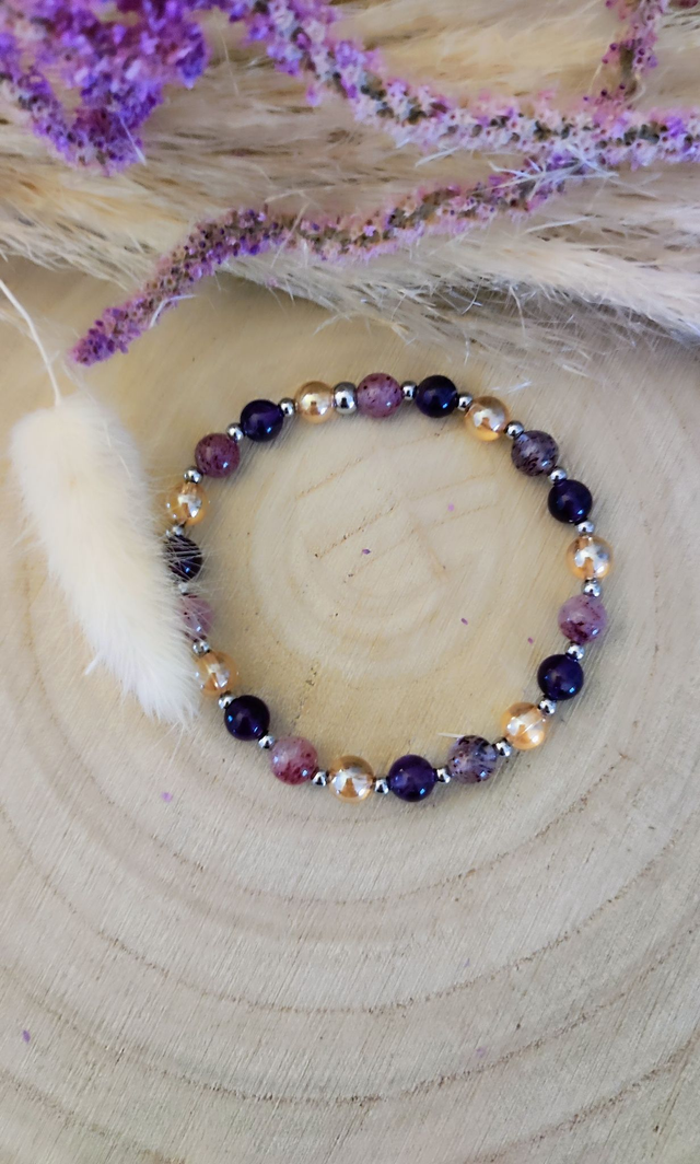 Bracelet "Épanouissement et Stress" Quartz fraise et Améthyste