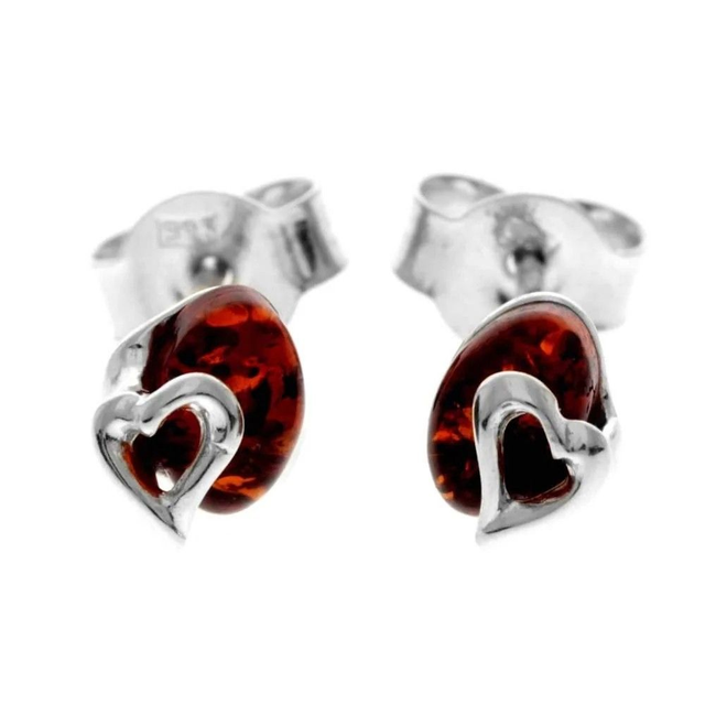 925 Sterling Silver &amp; Genuine Baltic Amber Heart Stud Earrings – Cognac