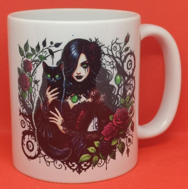 Custom Designed and Printed Gothic Girl with Black Cat &amp; Roses Mug. 