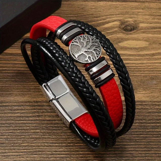 Bracelet homme cuir " Arbre de Vie " Rouge