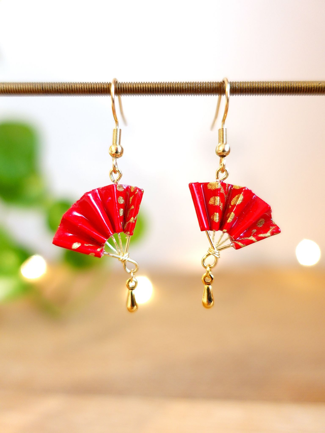 Boucles d'oreilles origami éventail / INOX doré / Papier japonais washi / Rouge, or /