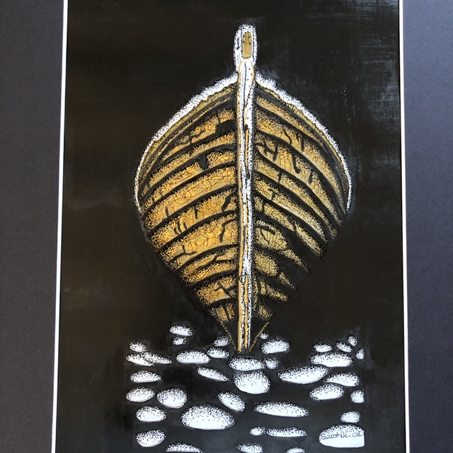 Bateau drakkar dans la nuit - 33 x 43 cm - encadrement noir