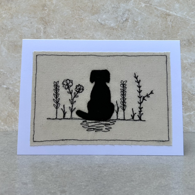 free motion embroidery - black dog in flower bed 