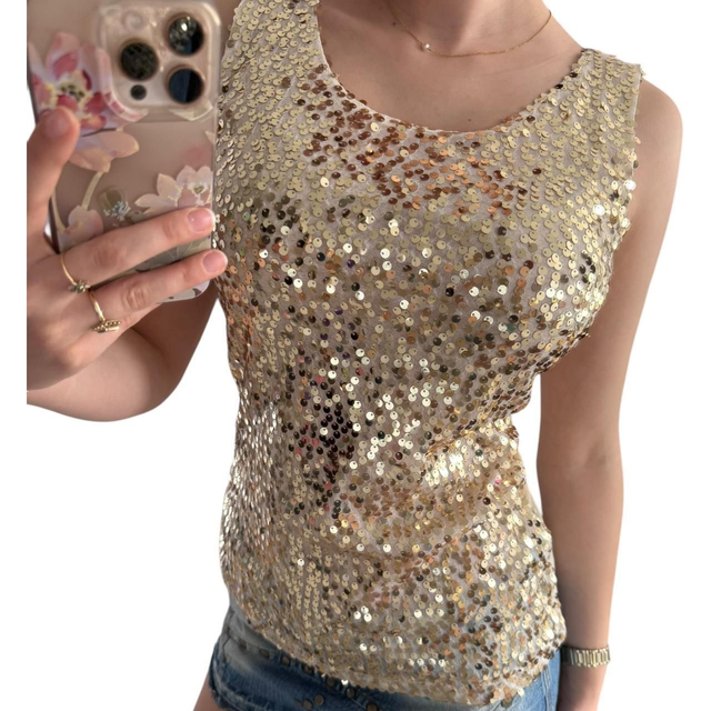 y2k gold sequin and mesh vest top 