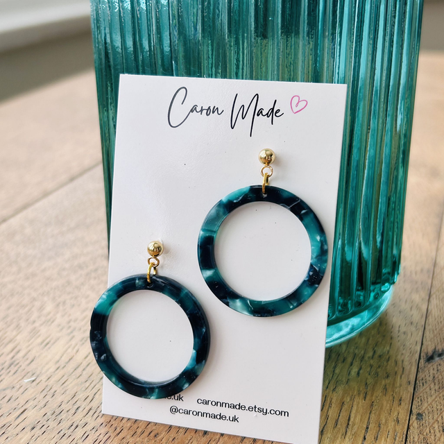 Green black and gold acrylic circle earrings