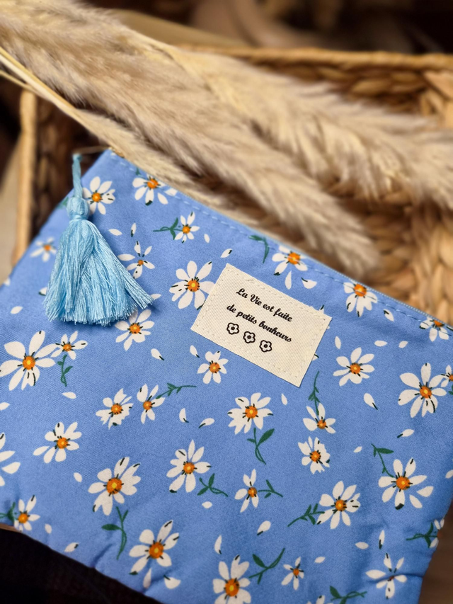 Pochette à message fleurie - "La vie est faite de petits bonheurs" - Modèle bleu
