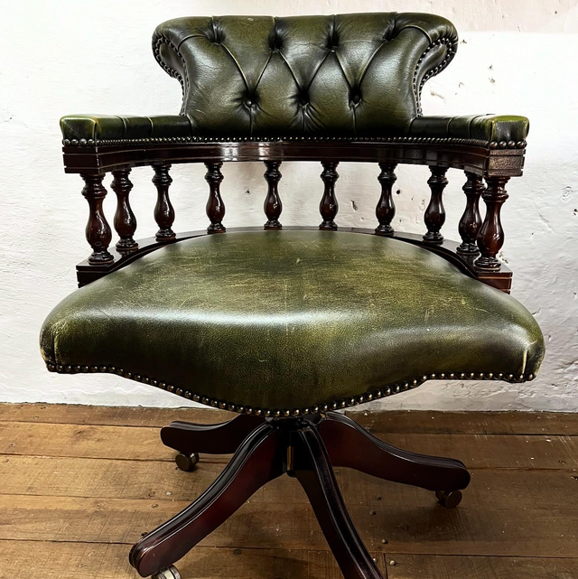 A Vintage Chesterfield Captains Chair Finished In Green Leather