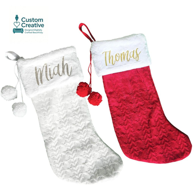 Personalised Christmas Stocking – Custom Name Knit Hanging Decoration – Red or White with Pom Poms
