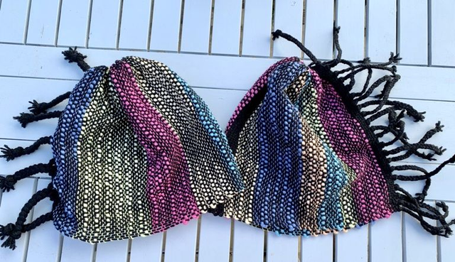 Handwoven Textured Beanie, Pink, Yellow Blue