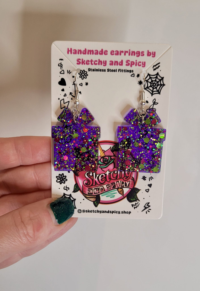 Earrings | Purple Glitter Present Earrings | Stainless Steel Hooks