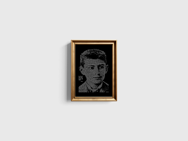 A4 Schreibmaschinen-Porträt Franz Kafka als Kind mit Zitat in Weiß auf Schwarz