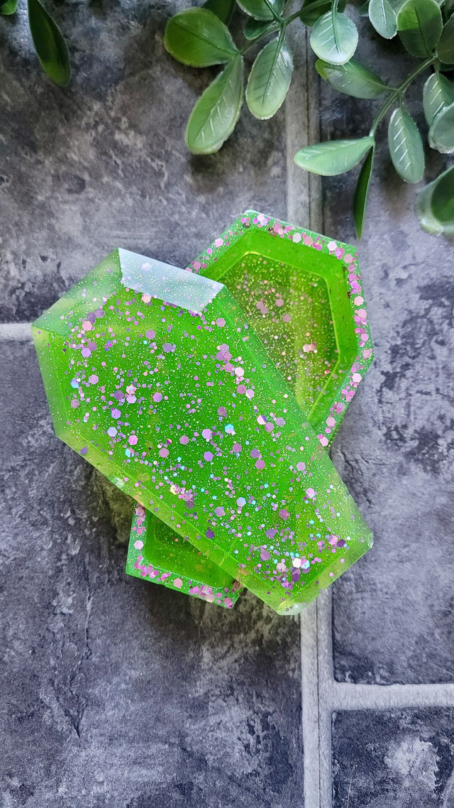 Coffin Trinket Box - Bright Green and Lilac Glitter