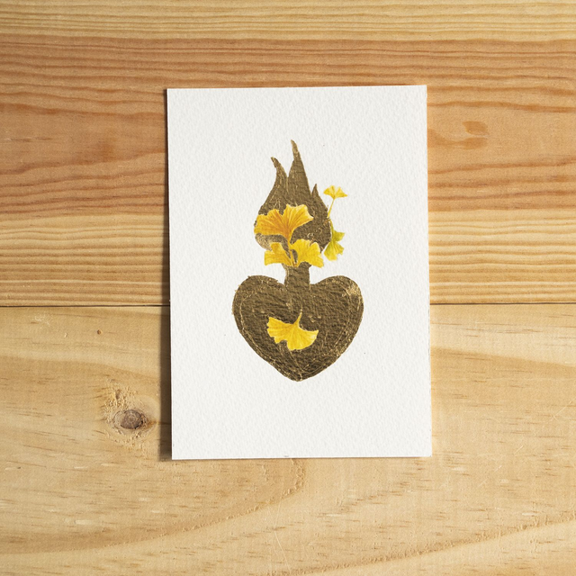 Aquarelle - cœur aux feuilles de ginkgo