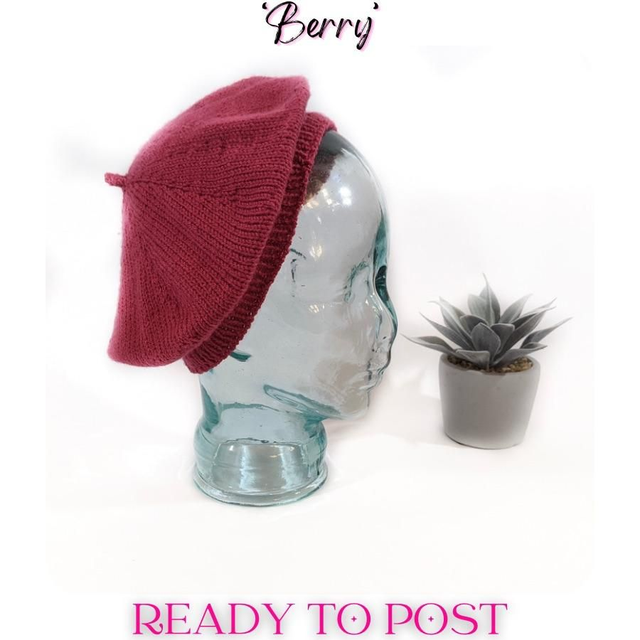 Knitted Beret, Raspberry-BERRY