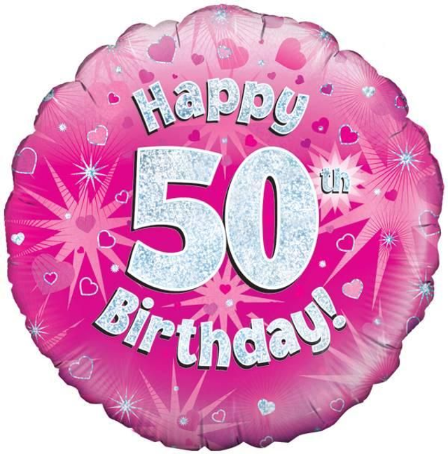 18" HAPPY 50TH BIRTHDAY PINK HOLOGRAPHIC FOIL