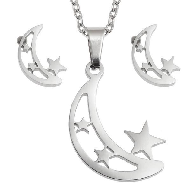 Crescent moon &amp; stars necklace &amp; stud earring set