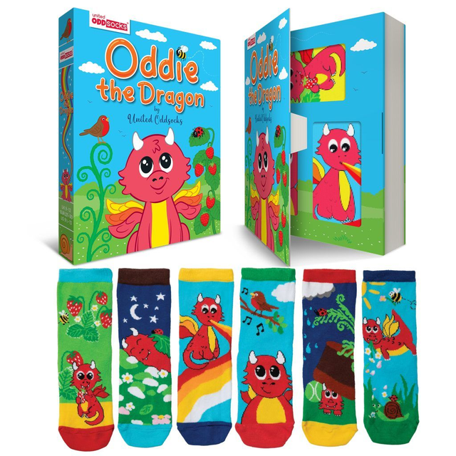 United Oddsocks Oddie the Dragon Kids Odd Socks &amp; Story Gift Set – 6 Socks Age 4–6