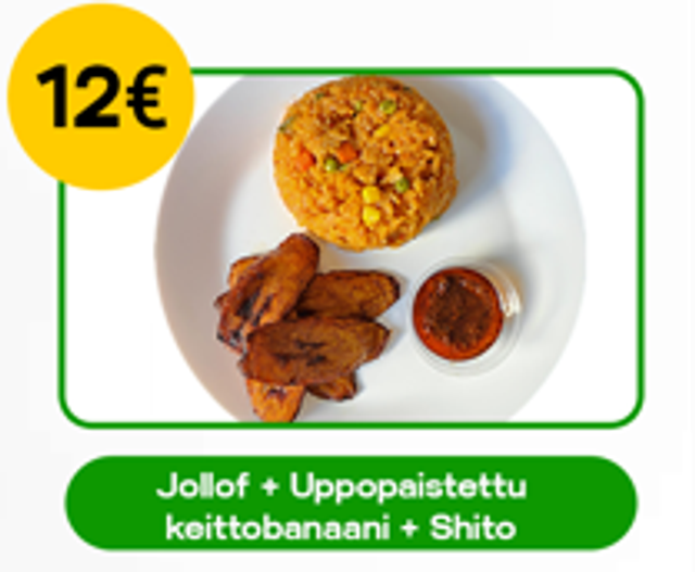 Jollof Riisi,  Uppopaistettu Keittobanaani ja Shito (Tulinen Kastike)