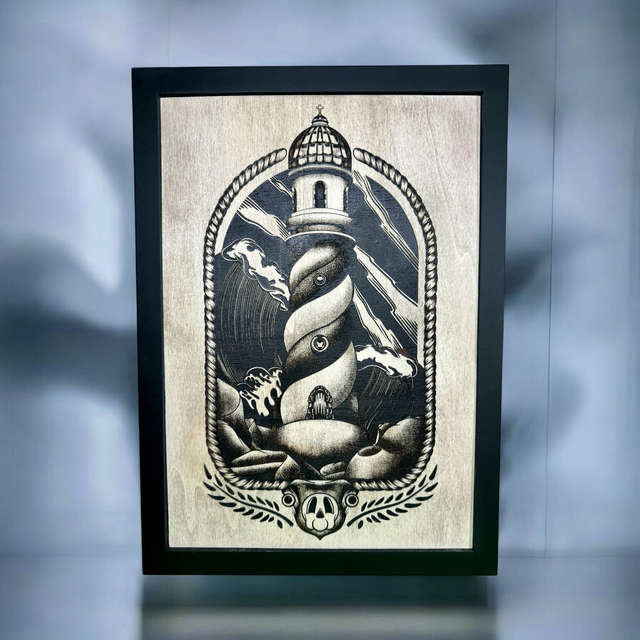 Tableau Gravure Phare Breton en Bois - Style Rubberhose