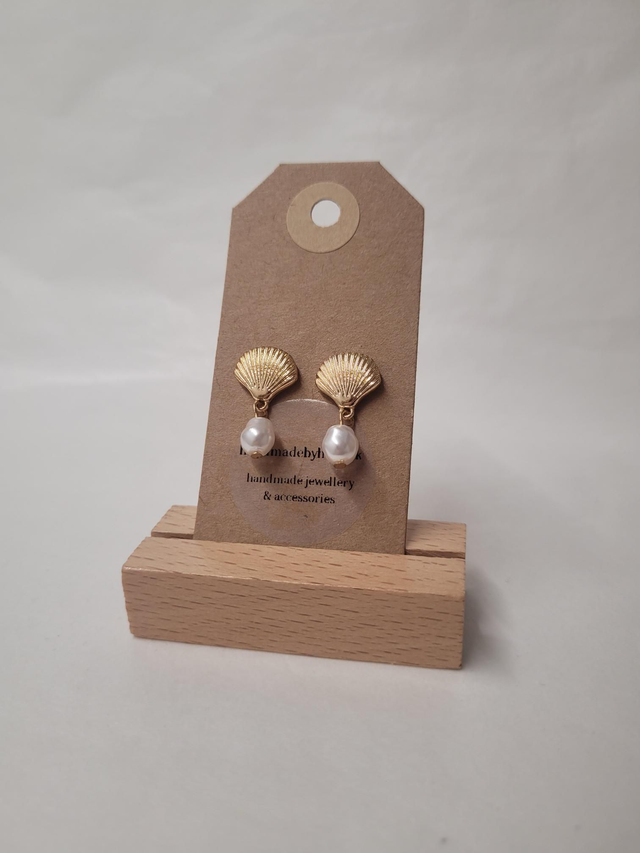 Shell Charm Drop Stud Earrings With Pearl Bead - Gold Plated - HBH-028